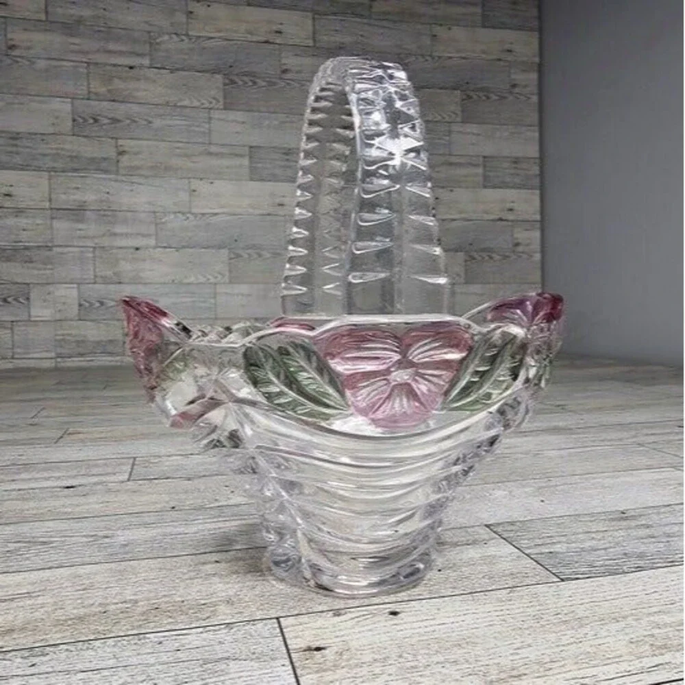Anne Hutte Bleikristall Lead Crystal Basket 24% P.bO Made in Germany Pink/Green